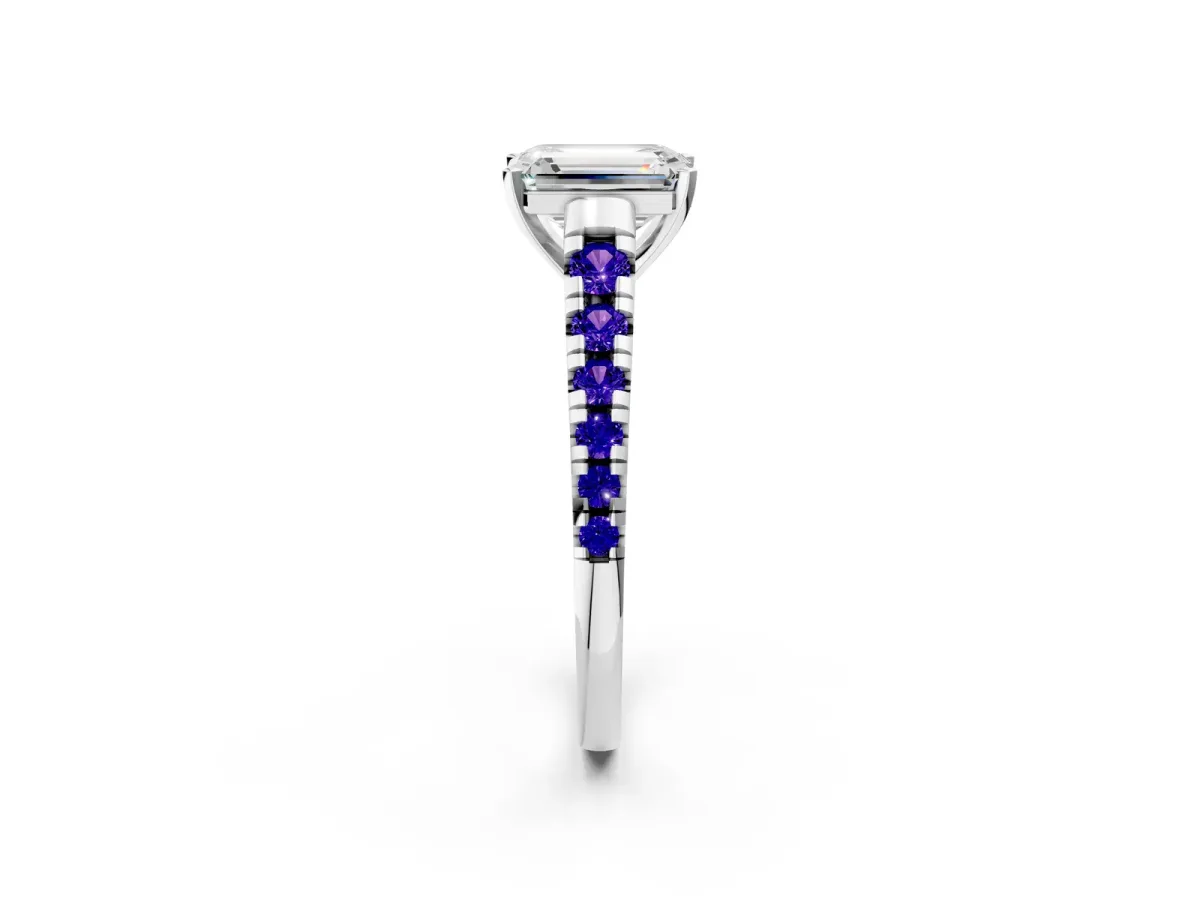 Emerald Cut Diamond Cathedral Solitaire Ring with Round Tanzanite Pavé Band Silver