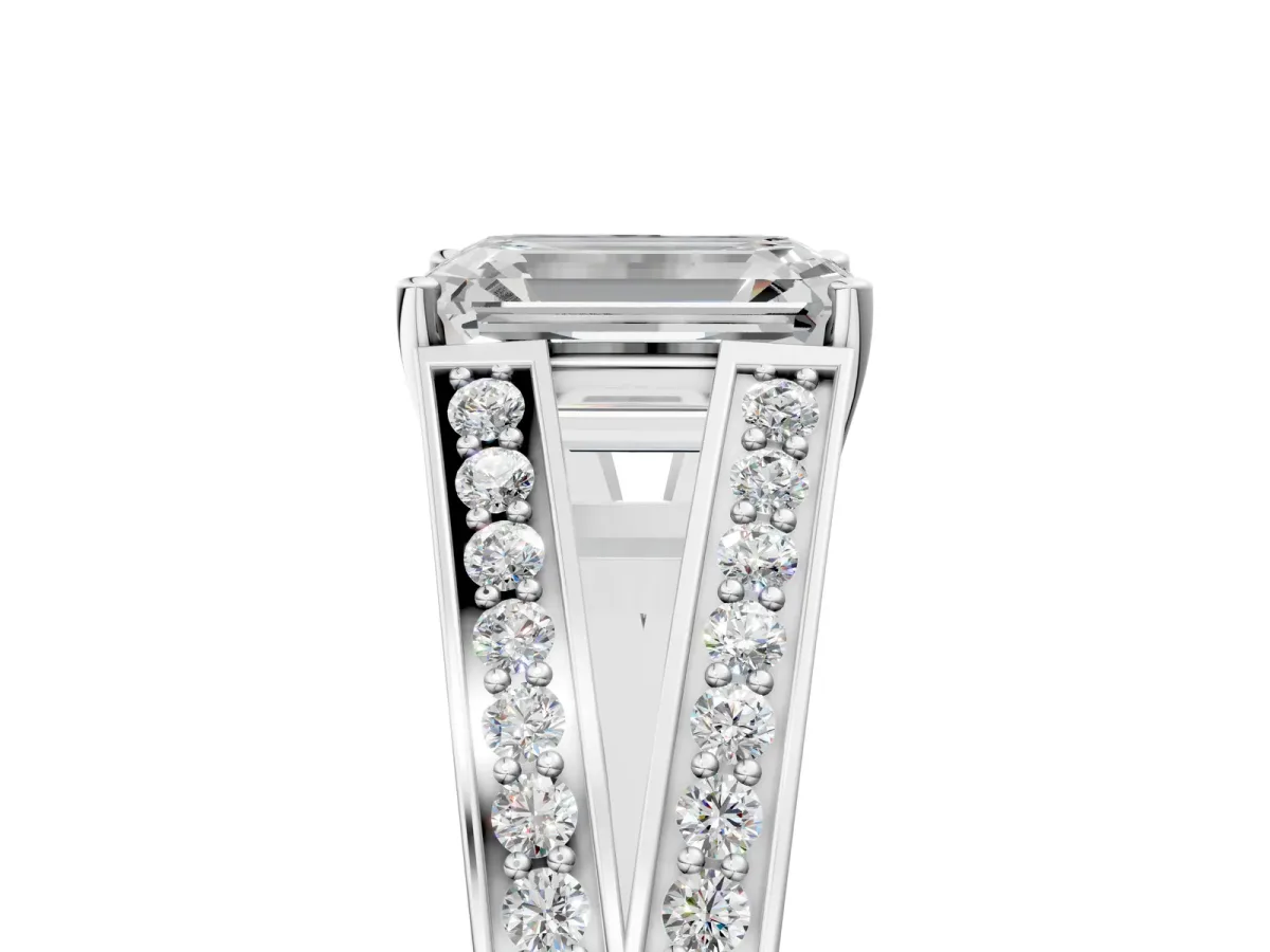 Emerald Cut Diamond Split Shank Ring with Pavé Band and Four-Prong Setting White gold