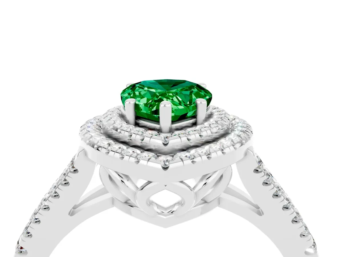 Pear Cut Emerald Double Halo Ring with Pavé Band and Prong Setting Silver