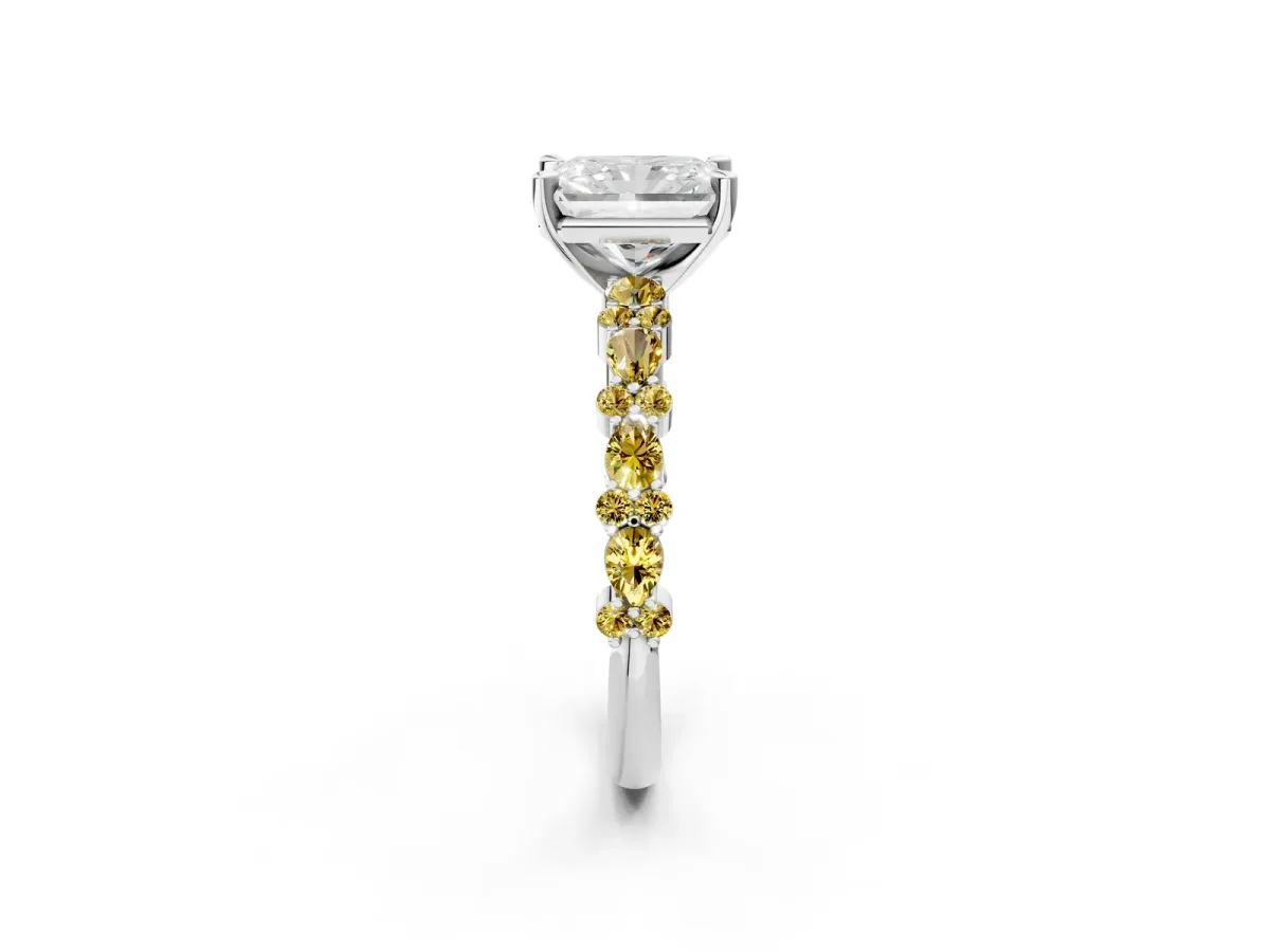 Radiant Cut Diamond Side Stone Solitaire Ring with Round Yellow Sapphire and Four-Prong Setting Silver