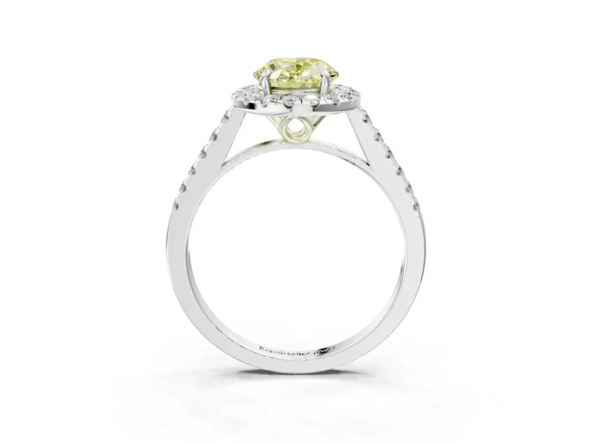 Fancy Yellow Oval Cut Halo Pavé Diamond Engagement Ring with Four-Prong Setting Silver