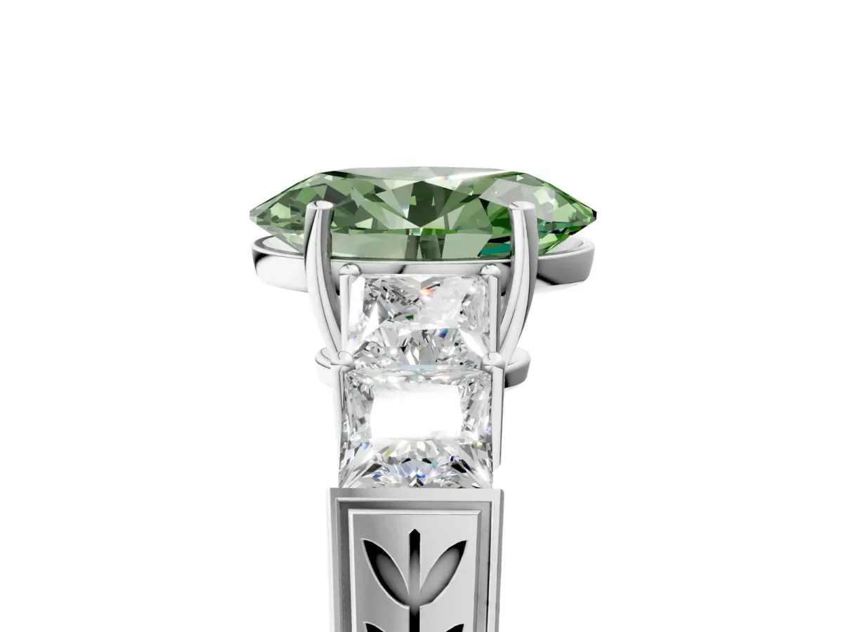 Fancy Green Oval Cut Solitaire Princess Side Stone Engraved Band Prong Setting Ring Silver