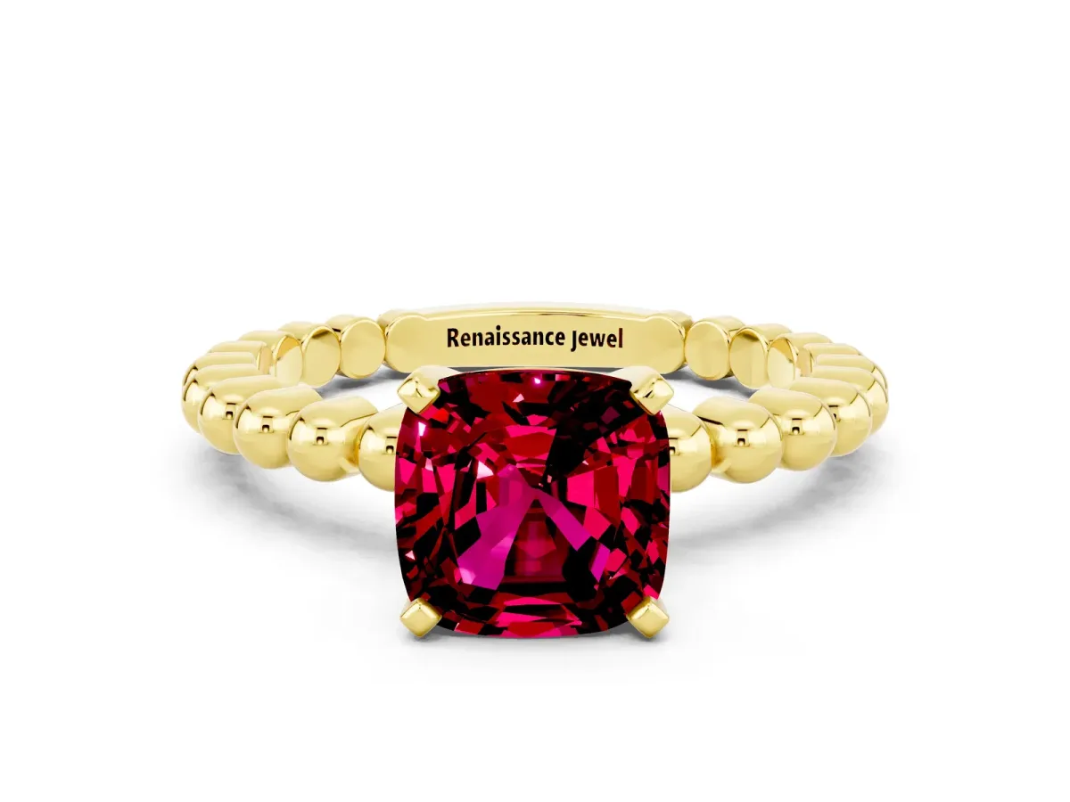 Cushion Cut Garnet Solitaire Ring with Beaded Band and Prong Setting Yellow gold