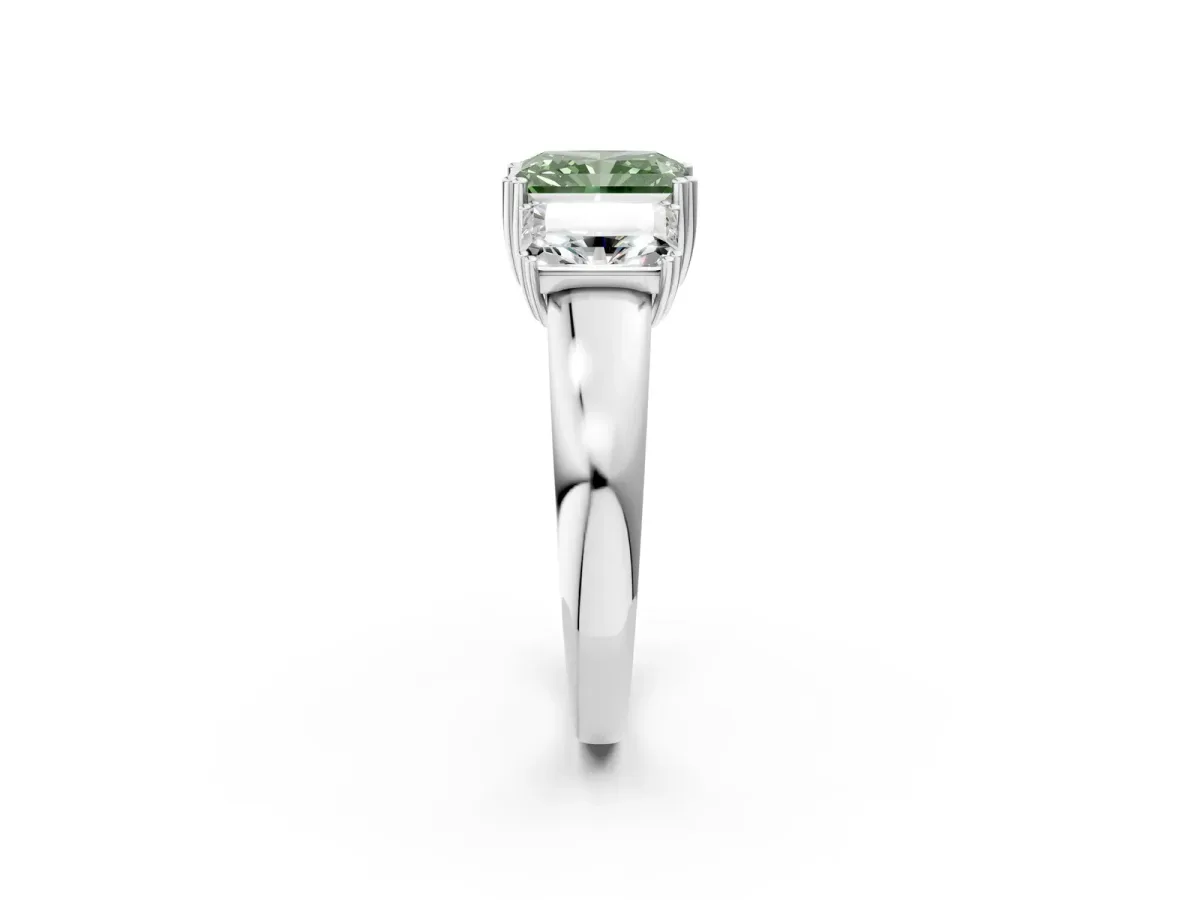 Fancy Green Three-Stone Radiant Cut Cut Diamond Ring with Channel Set Band and Four-Prong Setting Silver