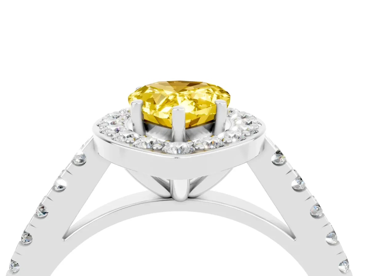 Pear Cut Yellow Sapphire Halo Ring with Round Pavé Split Shank and Prong Setting Platinum
