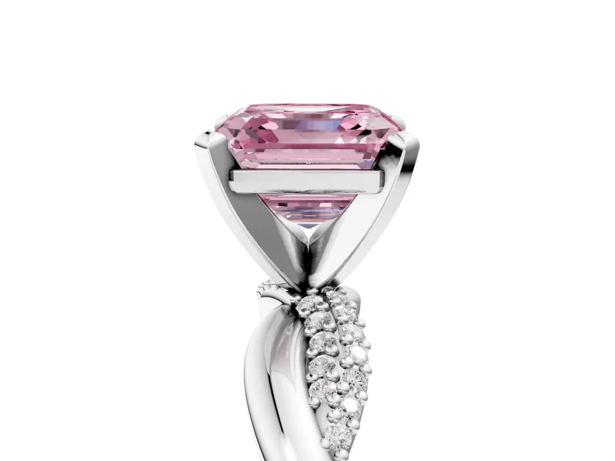 Fancy Pink Asscher Cut Solitaire Twist Band with Pave Prong Setting Platinum