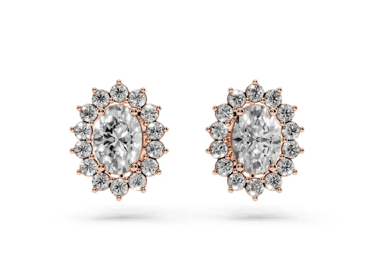 Oval Diamond Floral Halo Stud Earrings Rose gold