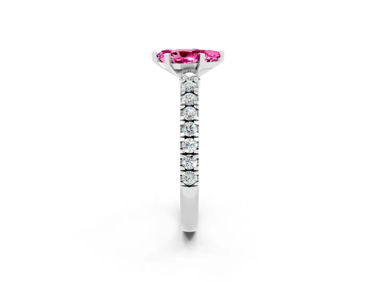 Pear Cut Solitaire Pink Sapphire with Pavé Band and Four-Prong Setting Silver