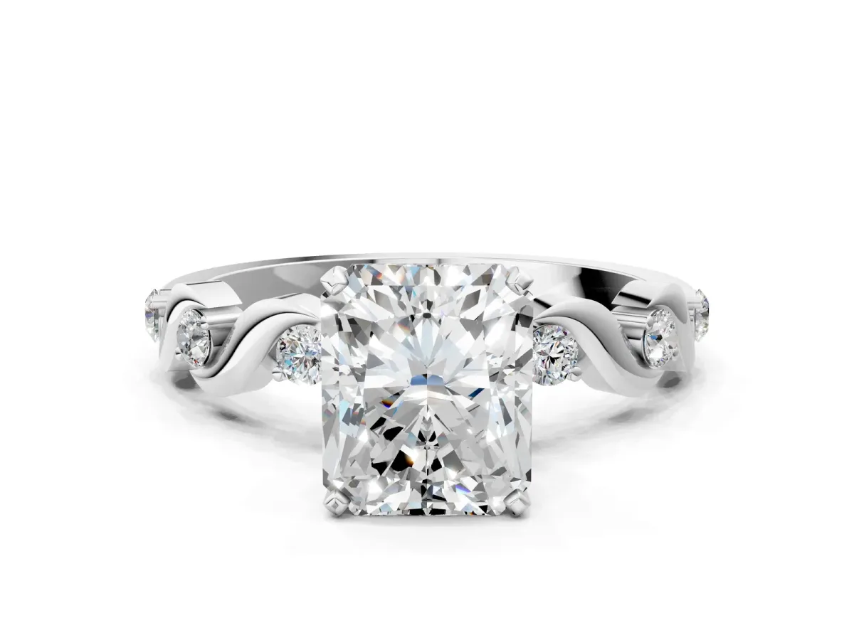 Radiant Cut Diamond Solitaire Twisted Band with Round Accents and Prong Setting Silver