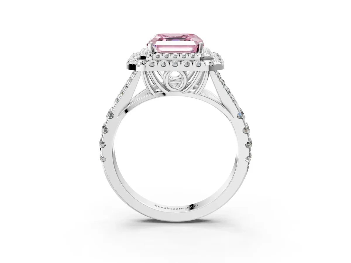 Fancy Pink Asscher Cut Cut Double Halo Split Shank Diamond Ring with Prong Setting Platinum