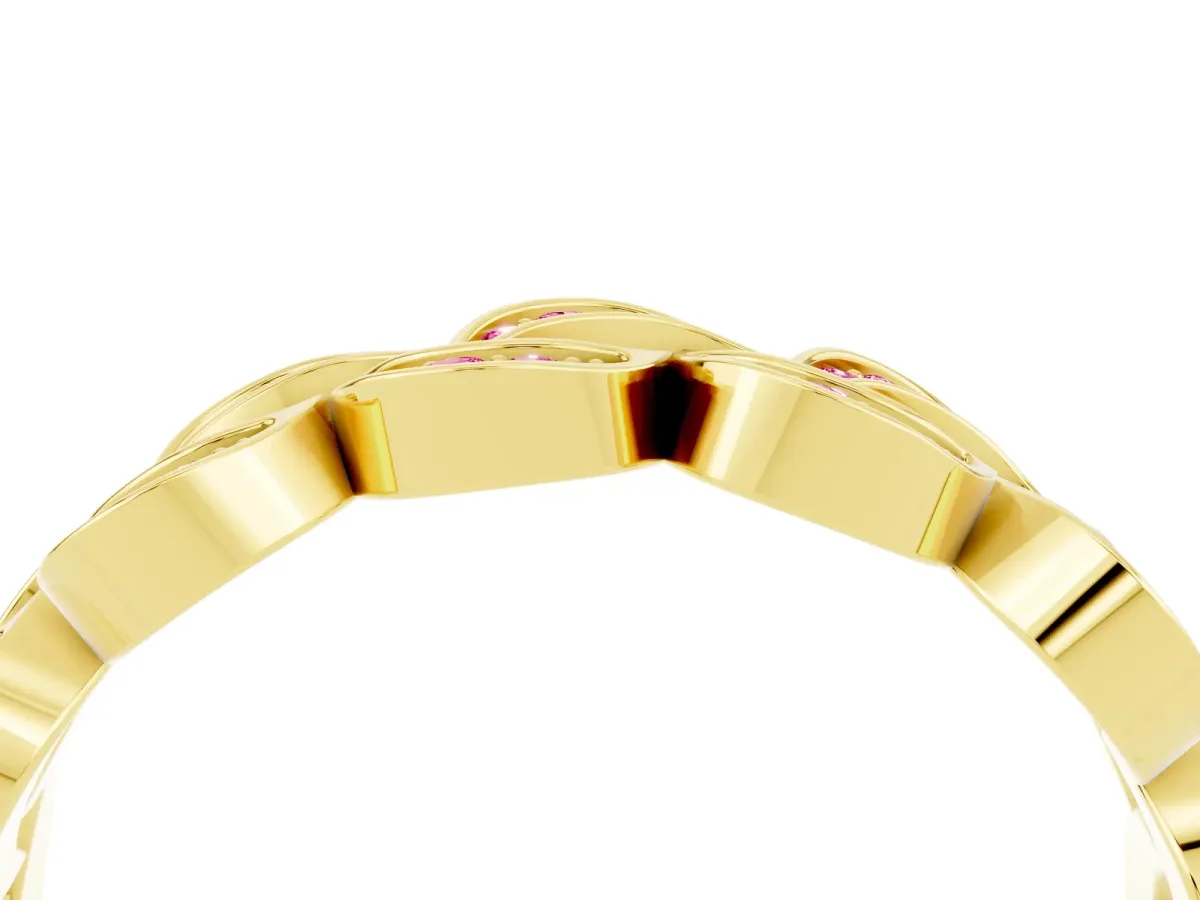 Pavé Round Pink Sapphire Interlocking Eternity Band with Bezel Prong Setting Yellow gold