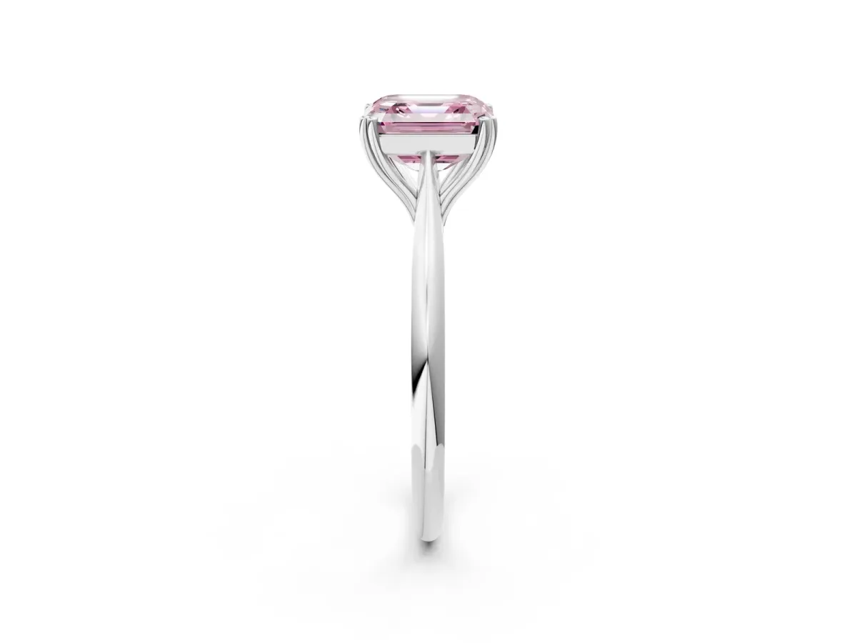 Fancy Pink Asscher Cut Solitaire Diamond Ring with Six-Prong Setting and Classic Band Platinum