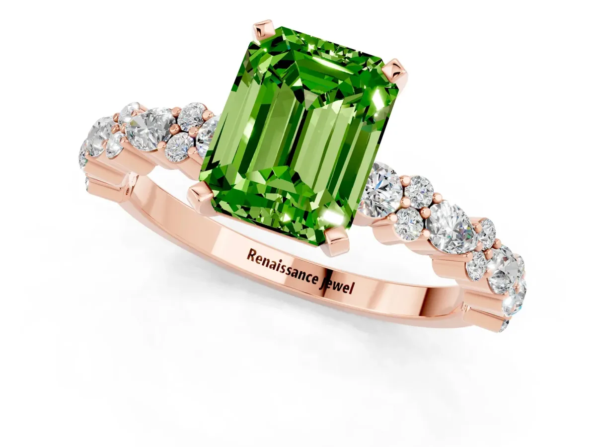 Emerald Cut Peridot Side Stone Solitaire Ring with Round and Four-Prong Setting Rose gold