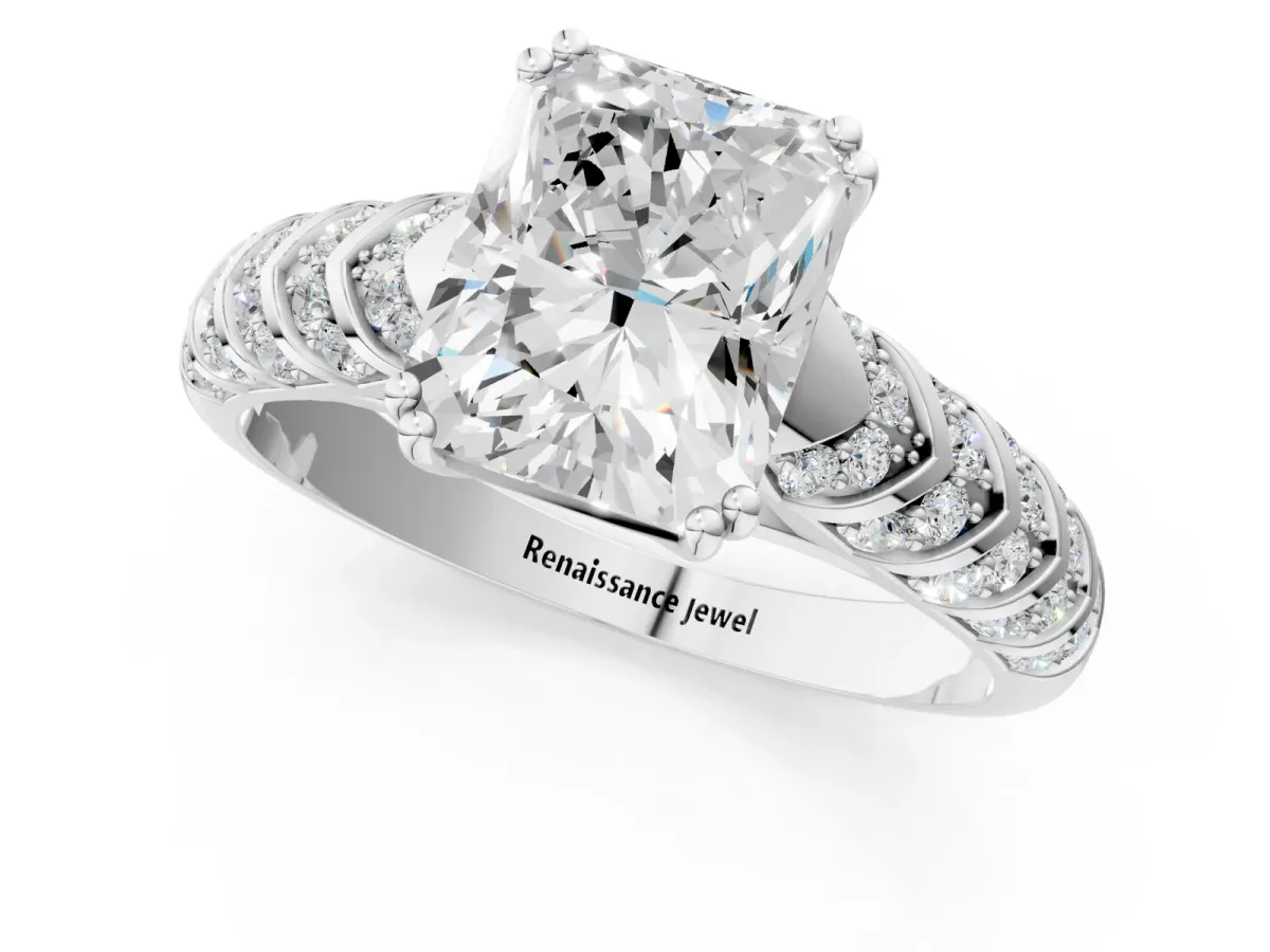 Radiant Cut Solitaire Chevron Pave Diamond Engagement Ring with Six-Prong Setting Platinum