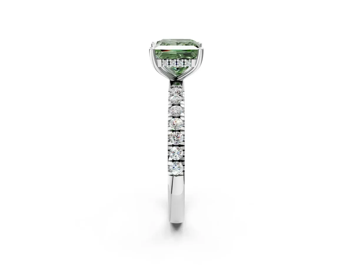 Fancy Green Princess Cut Diamond Pave Band Solitaire Ring with Round and Prong Setting Silver