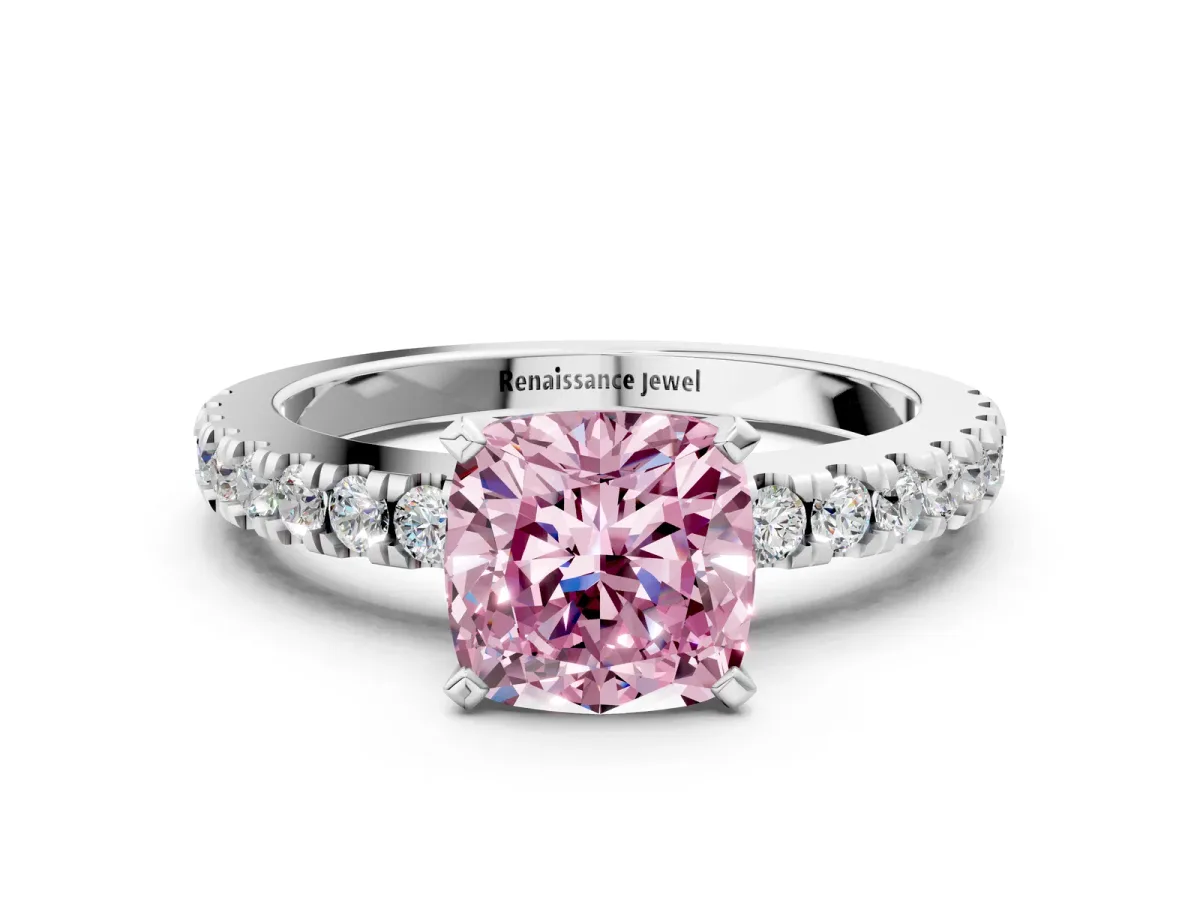 Fancy Pink Cushion Cut Solitaire Diamond with Pavé Band and Four-Prong Setting Silver