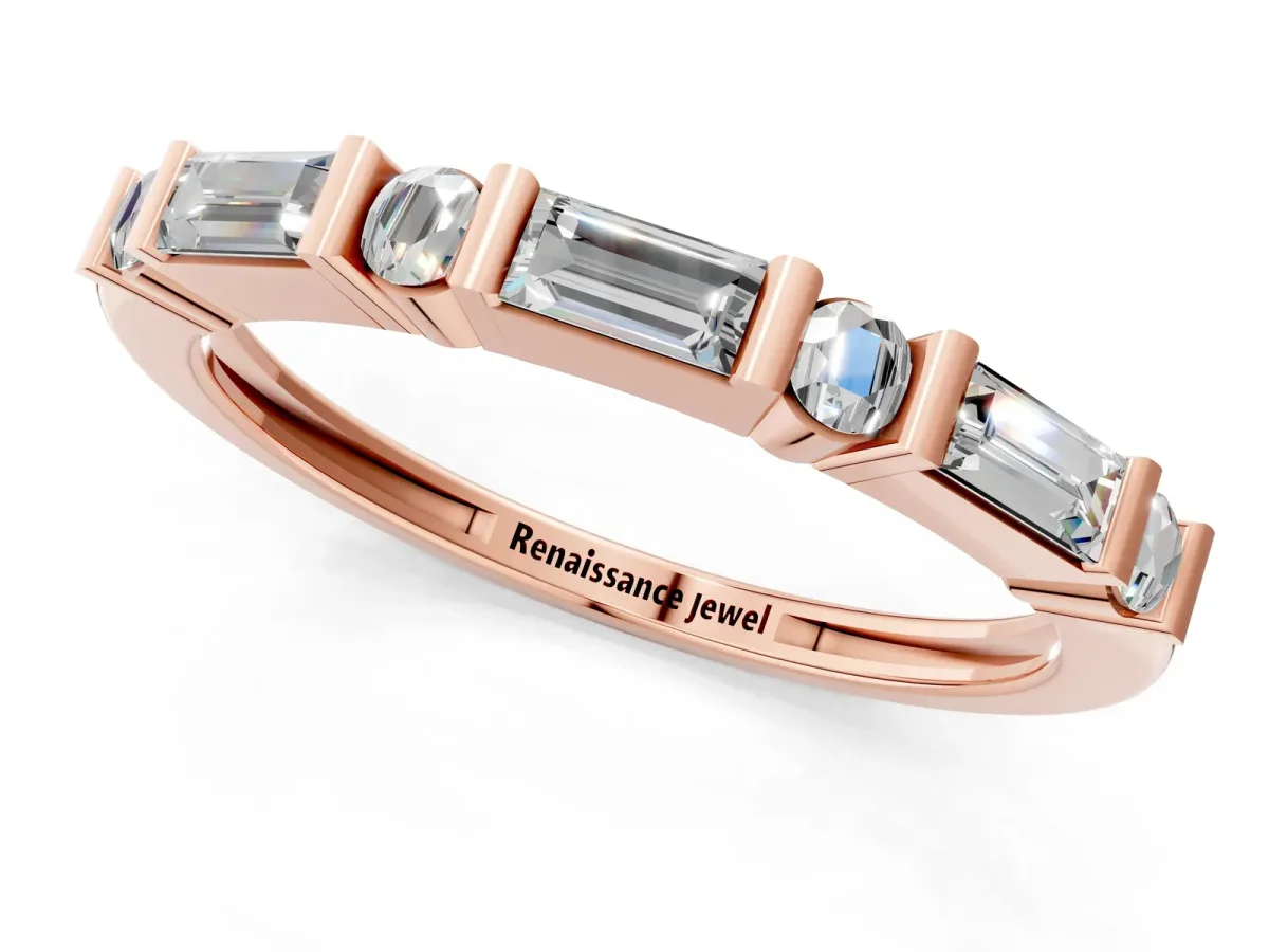 Baguette and Round Diamond Channel Set Half Eternity Band with Bar Prong Setting Rose gold