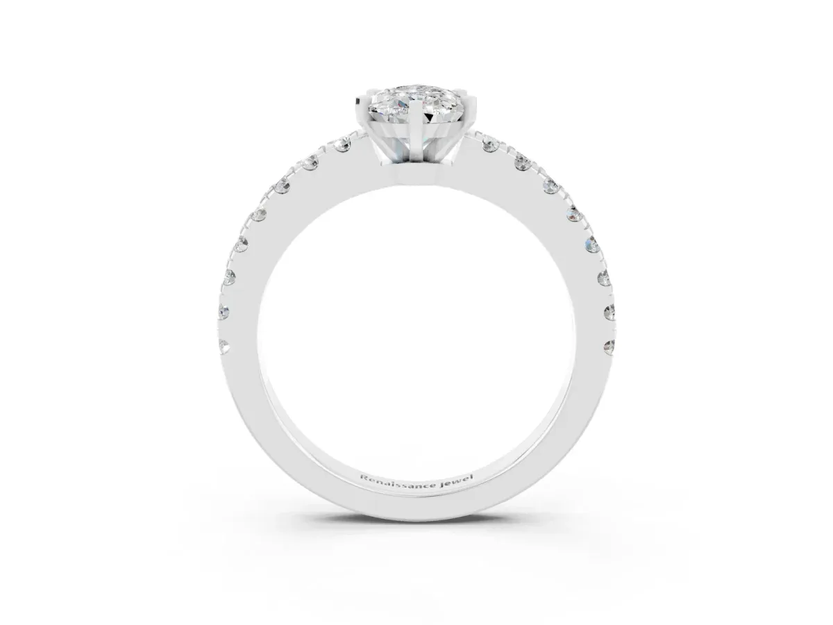 Pear Cut Solitaire Moissanite with Pavé Band and Four-Prong Setting Silver