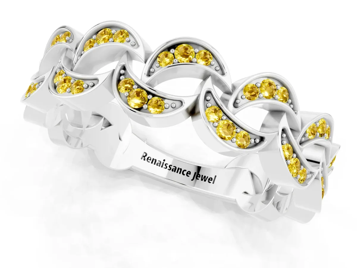 Pavé Round Yellow Sapphire Interlocking Eternity Band with Bezel Prong Setting Platinum