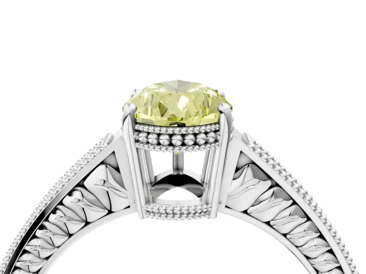 Fancy Yellow Pear Cut Diamond Ring with Milgrain Pavé Band and Four-Prong Setting Platinum