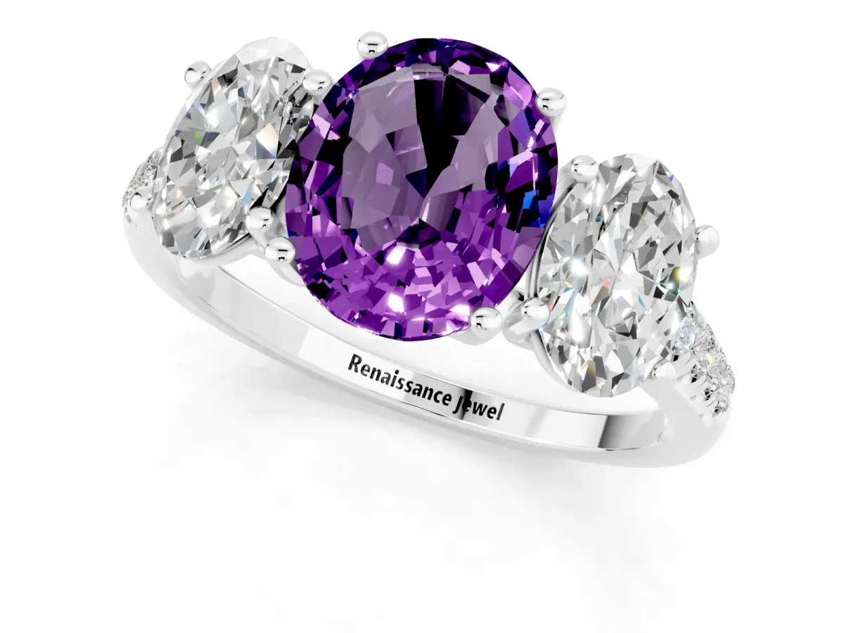Three-Stone Oval Cut Amethyst Ring with Round Pavé Band and Prong Setting Platinum