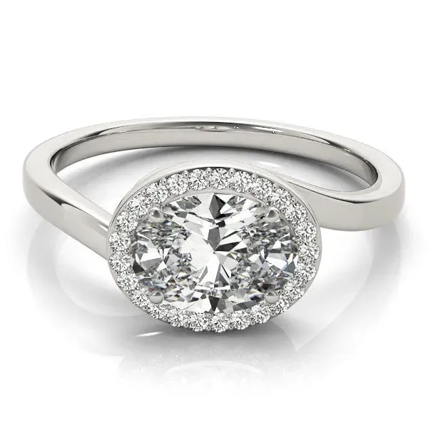 Oval Cut Diamond Bezel Halo Ring with Plain Band Silver