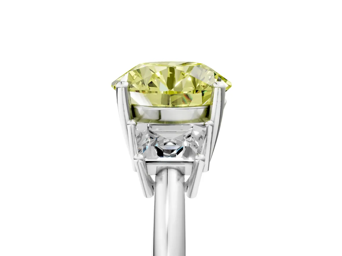 Fancy Yellow Round Cut Diamond Three-Stone Ring with Trapezoid Side Stones and Prong Setting Silver