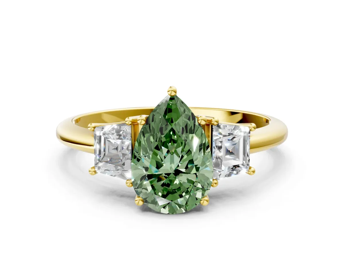 Fancy Green Pear Cut Diamond Three-Stone Ring with Trapezoid Side Stones and Prong Setting Yellow gold