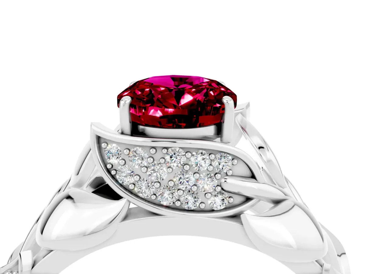 Oval Cut Garnet Leaf-Inspired Engagement Ring with Round Accents and Prong Setting Platinum