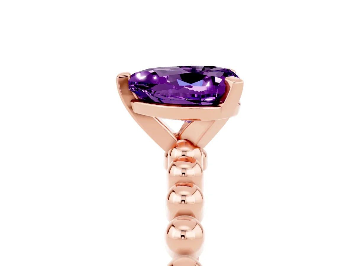 Heart Cut Amethyst Solitaire Ring with Beaded Band and Prong Setting Rose gold