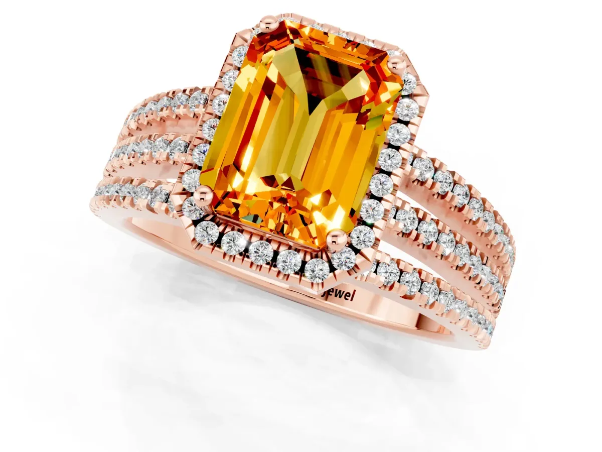 Emerald Cut Citrine Halo Engagement Ring with Split Shank and Four-Prong Setting Rose gold