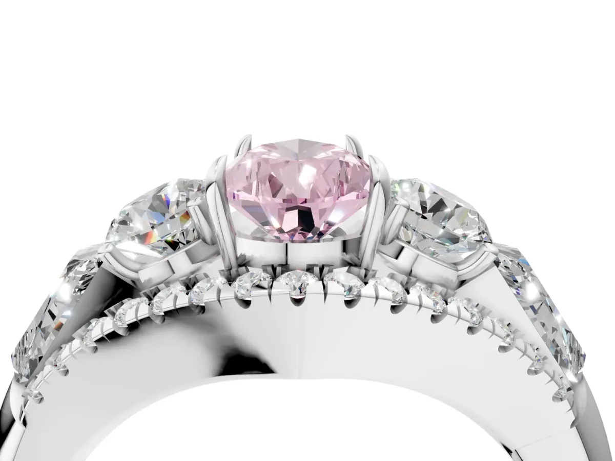 Fancy Pink Three-Stone Pear Cut Diamond Engagement Ring with Pave Band and Prong Setting Platinum