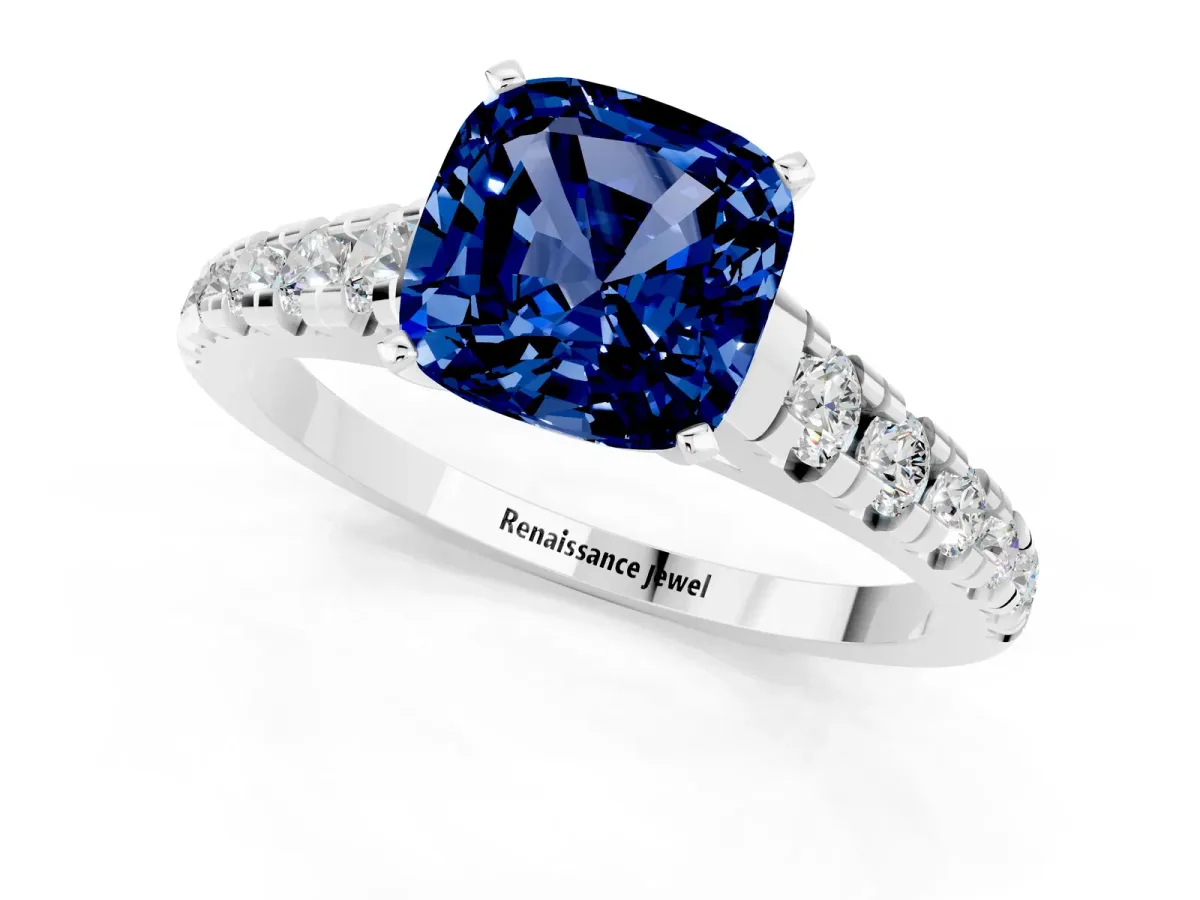 Cushion Cut Blue Sapphire Cathedral Solitaire Ring with Round Pavé Band Silver
