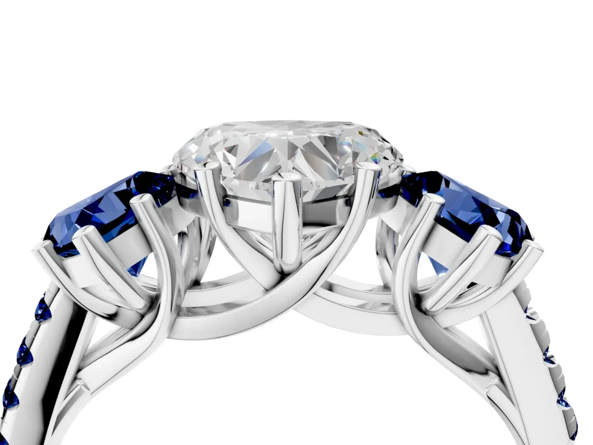 Three-Stone Heart Cut Diamond Ring with Round Blue Sapphire Pavé Band and Prong Setting Silver