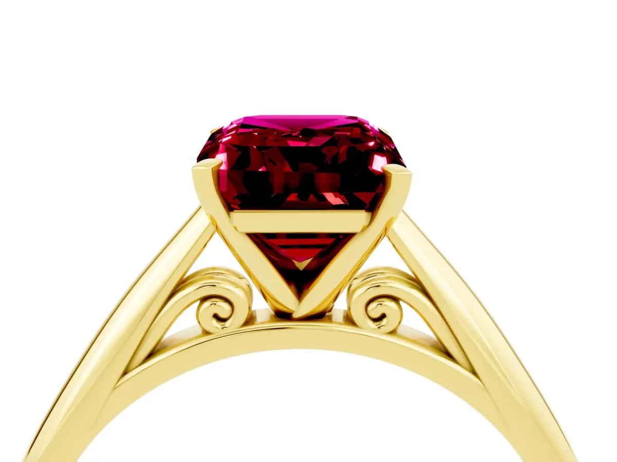 Emerald Cut Garnet Solitaire Engagement Ring with Cathedral Setting and Four-Prong Mount Yellow gold
