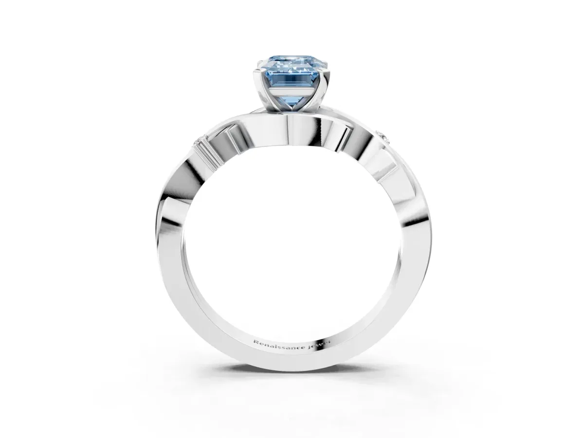 Fancy Blue Emerald Cut Diamond Solitaire Ring with Twisted Band and Prong Setting White gold