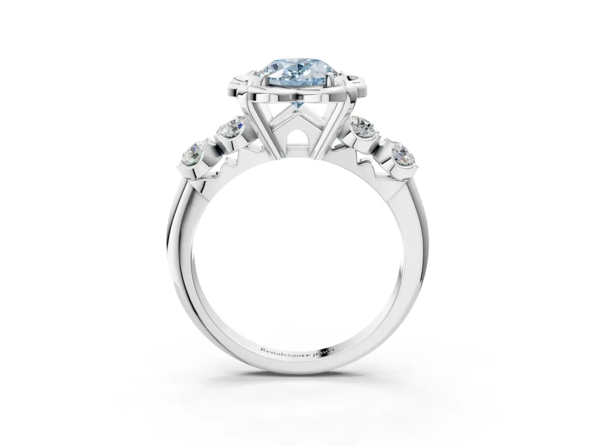 Fancy Blue Oval Cut Cut Diamond Floral Halo Engagement Ring with Shared Prong Setting Platinum