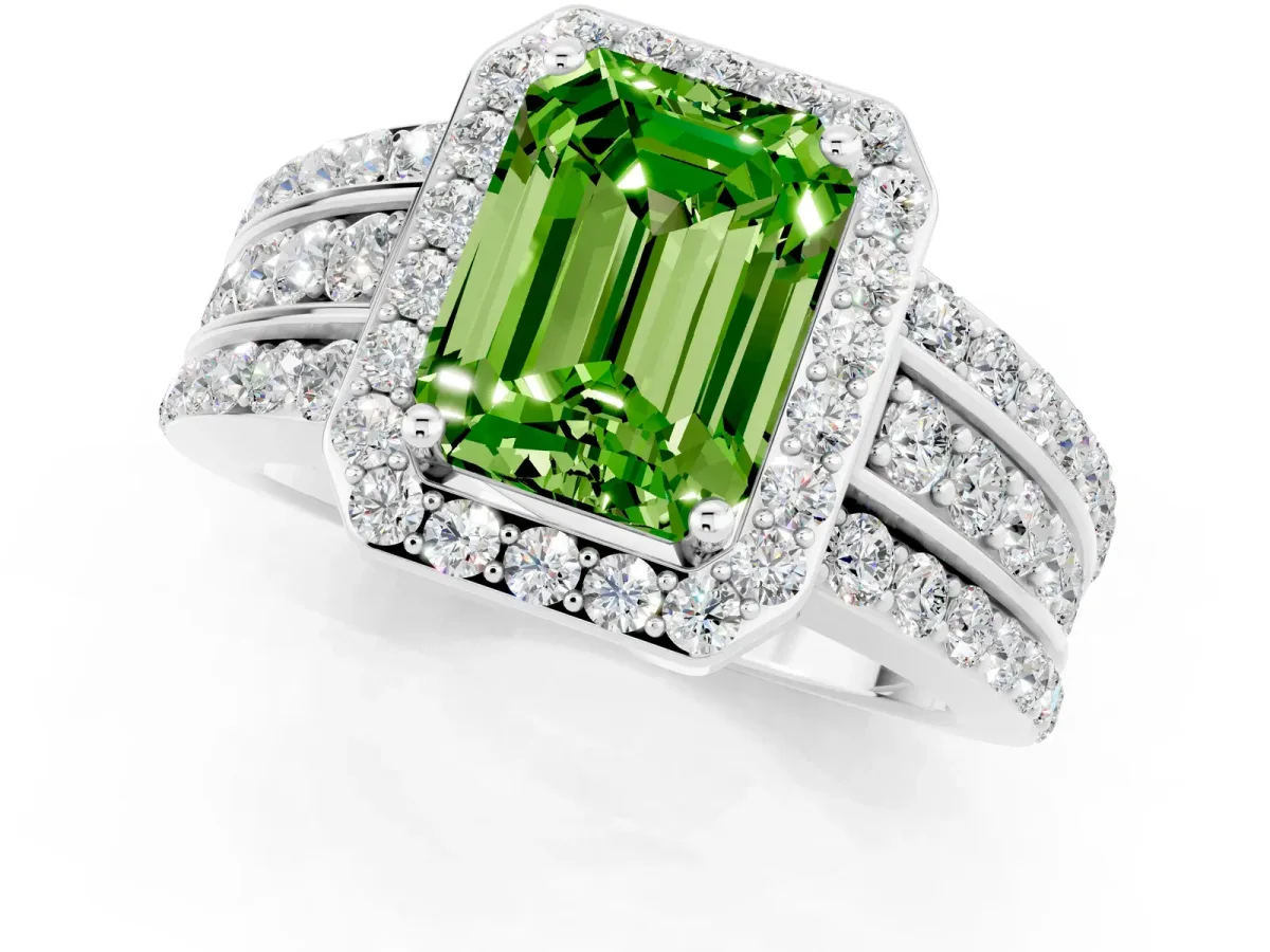 Emerald Cut Halo Peridot Ring with Round Split Shank and Prong Setting Platinum