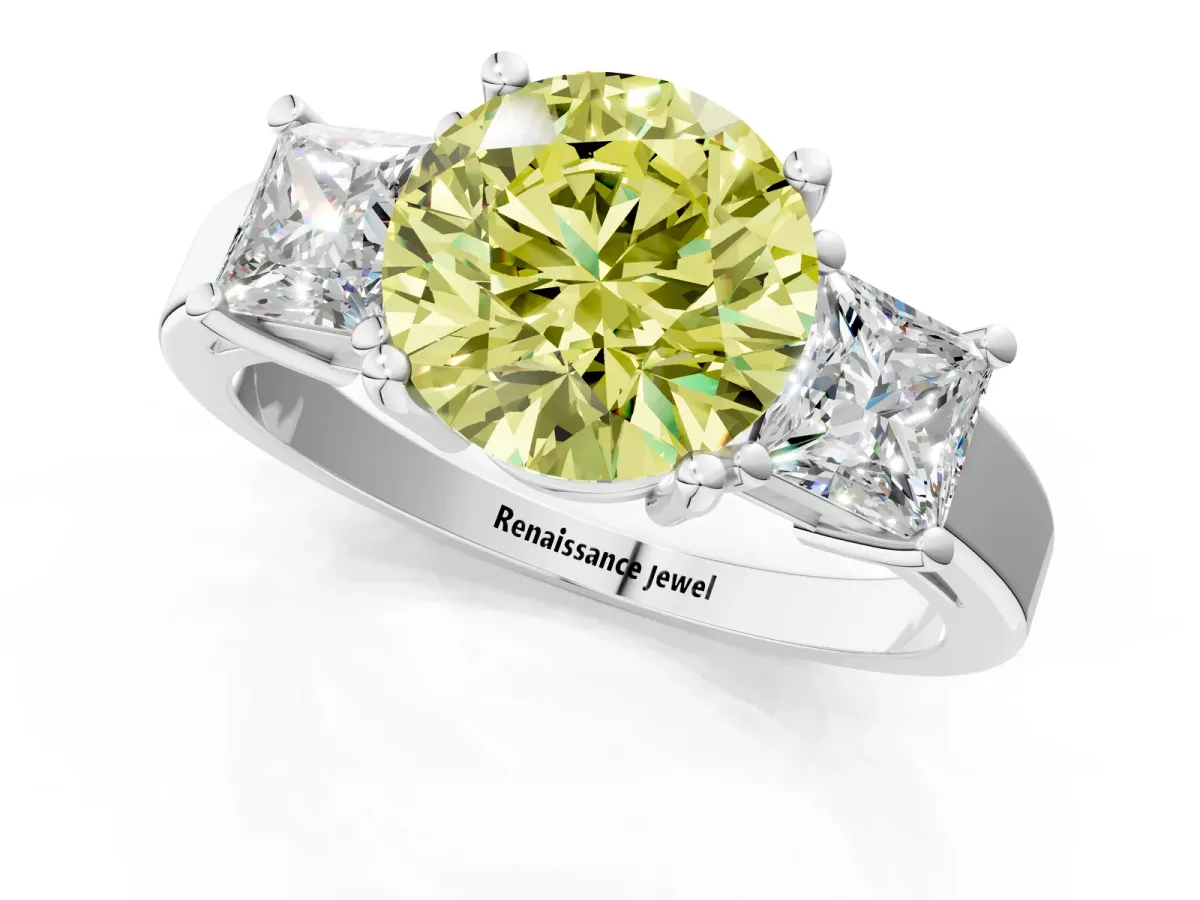 Fancy Yellow Three-Stone Round Cut Cut Solitaire Ring with Prong Setting White gold