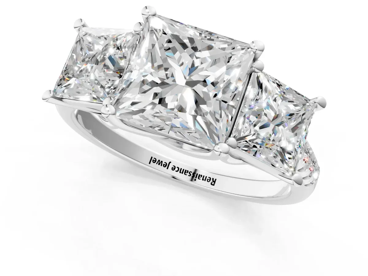 Three-Stone Princess Cut Diamond Ring with Round Moissanite Pavé Band and Prong Setting Silver