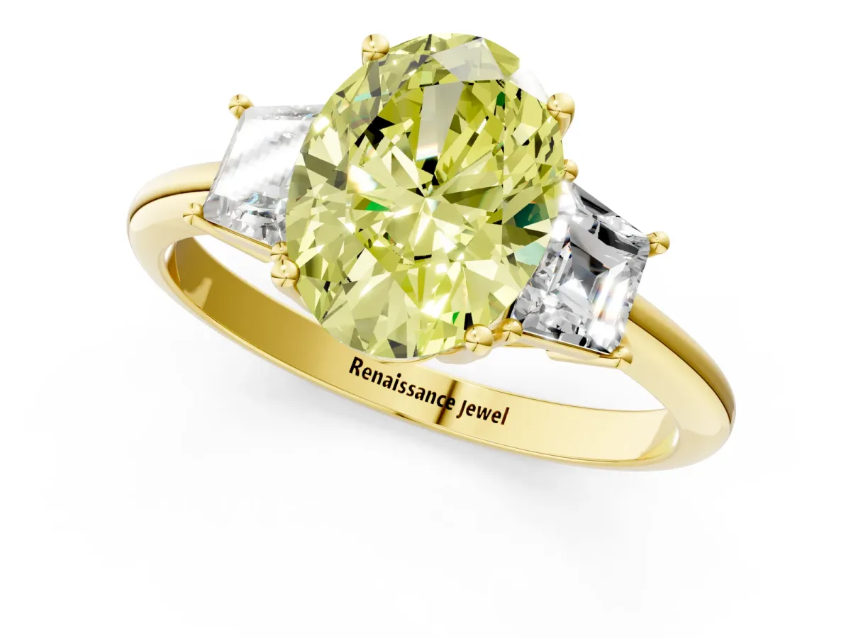 Fancy Yellow Oval Cut Diamond Three-Stone Ring with Trapezoid Side Stones and Prong Setting Yellow gold