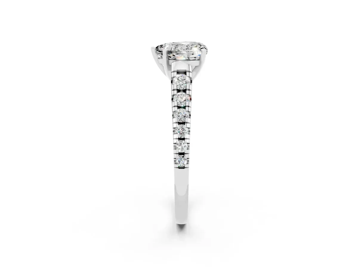 Heart Cut Moissanite Cathedral Solitaire Ring with Round Pavé Band Silver