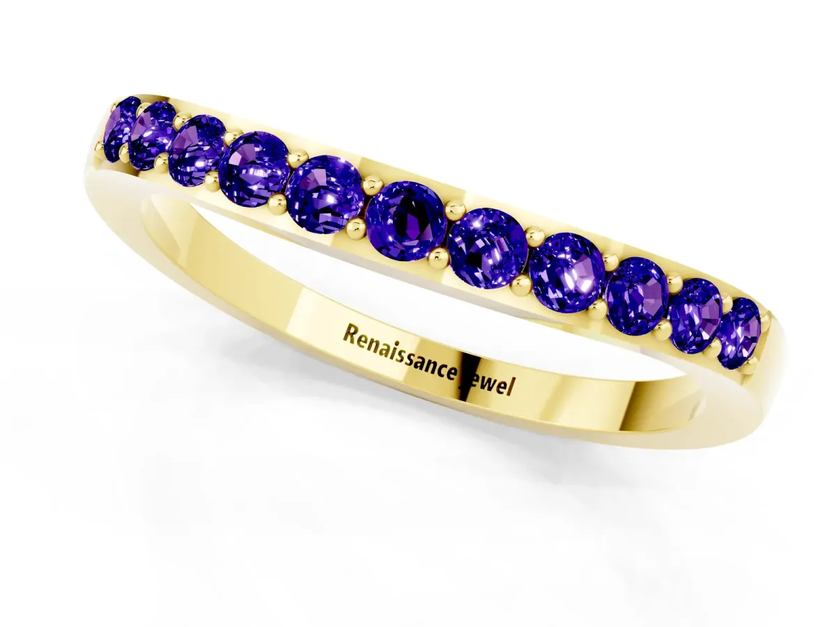 Round Tanzanite Curved Wedding Band with Channel Setting Yellow gold