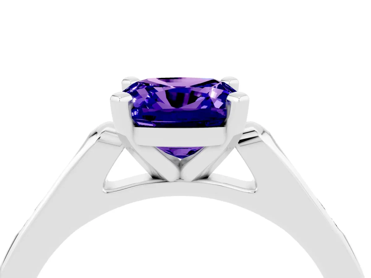 Cushion Cut Tanzanite Solitaire Ring with Channel Set Round Band and Prong Setting Silver
