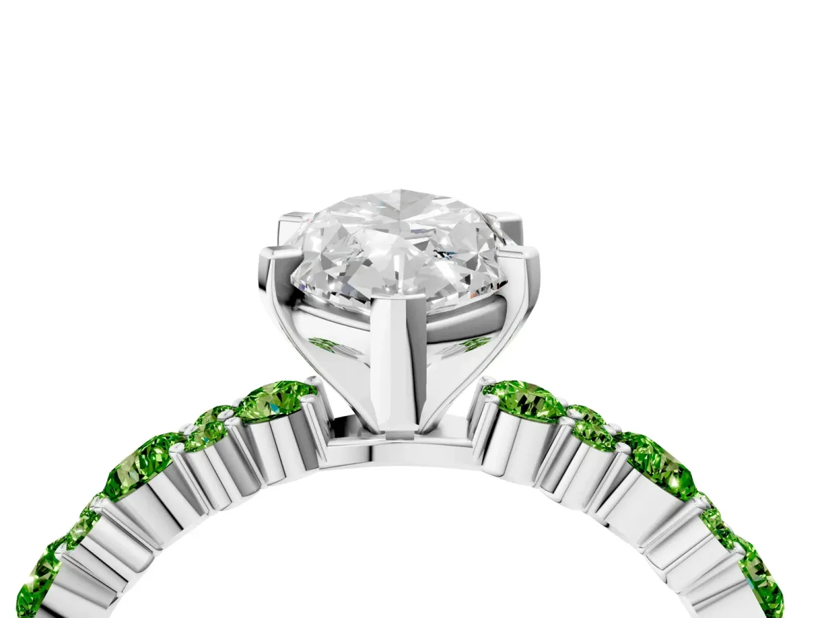 Marquise Cut Diamond Side Stone Solitaire Ring with Round Peridot and Four-Prong Setting Platinum