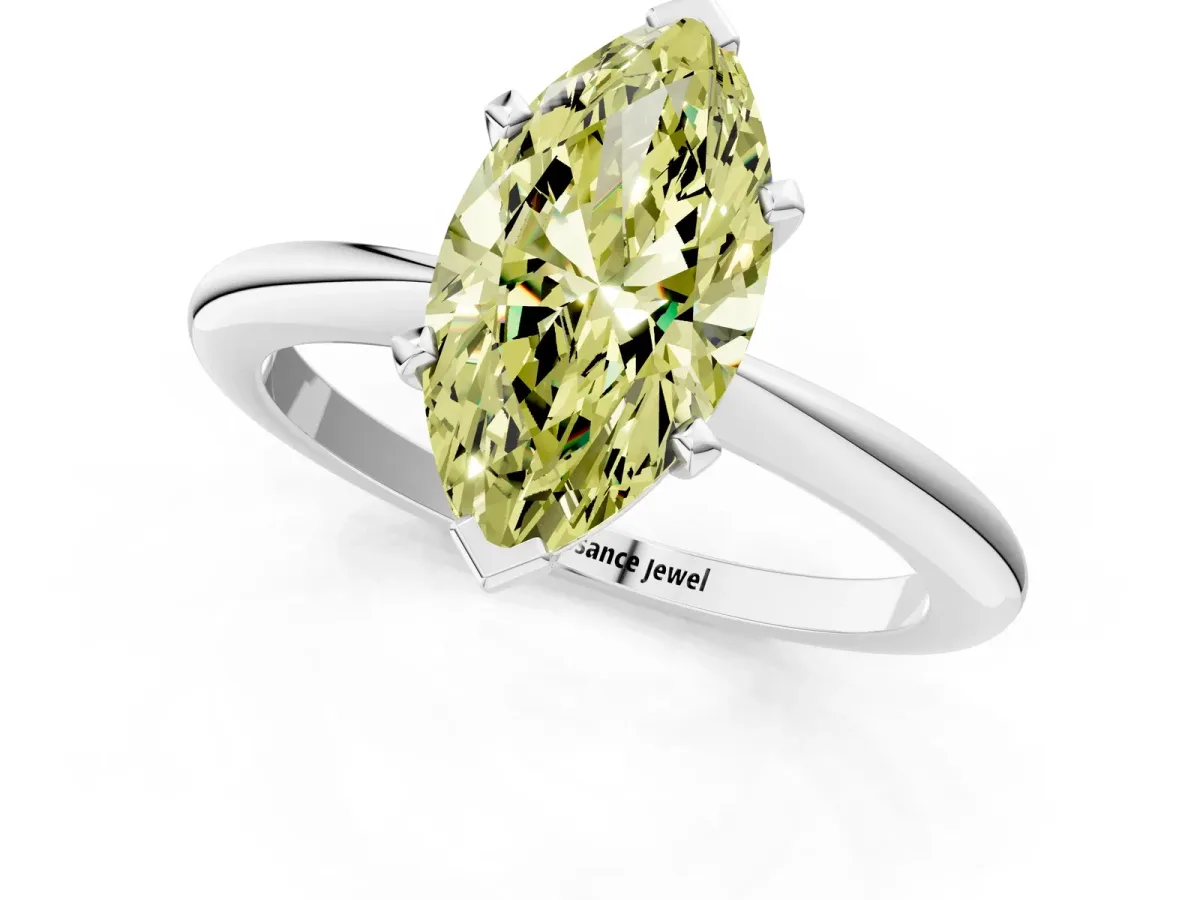 Fancy Yellow Marquise Cut Diamond Solitaire Ring with Six-Prong Setting and Classic Band Silver