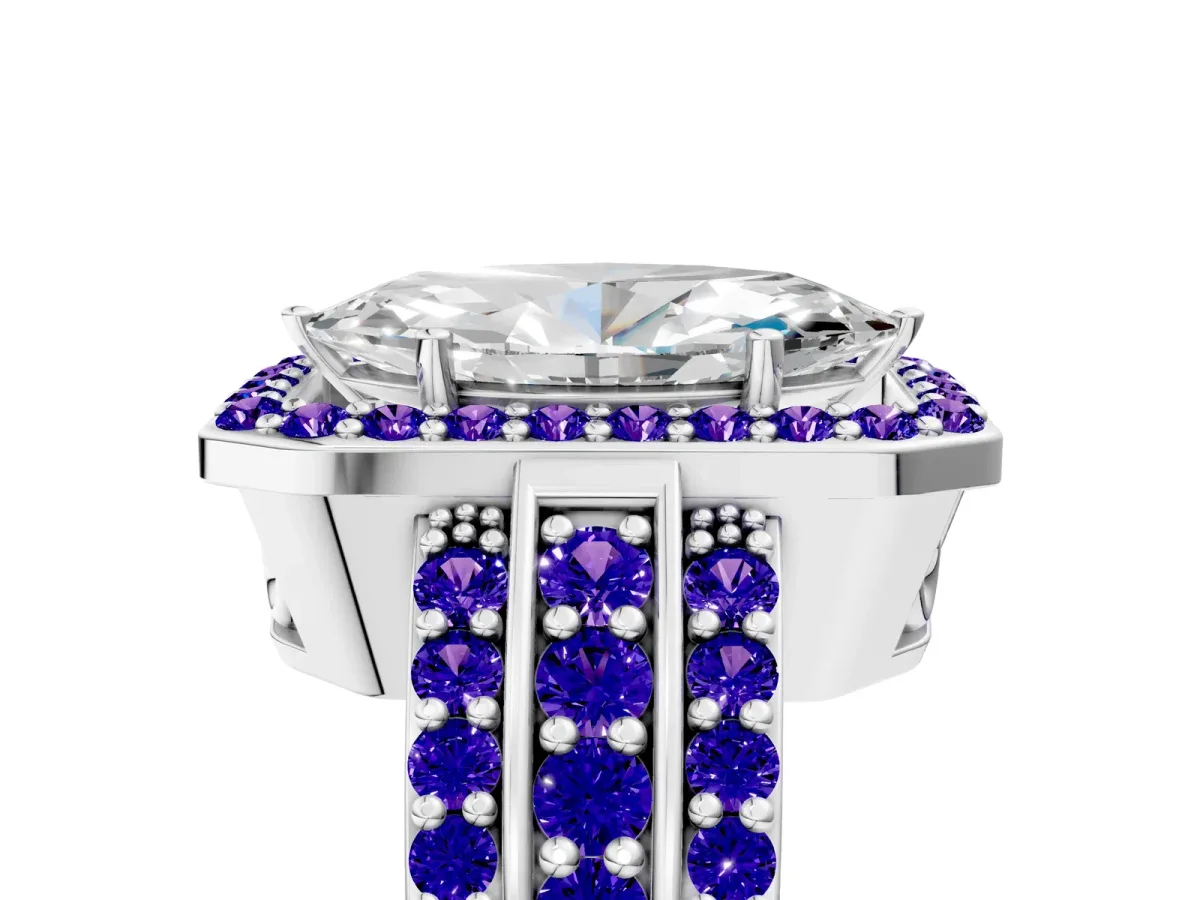 Marquise Cut Halo Diamond Ring with Round Tanzanite Split Shank and Prong Setting Silver
