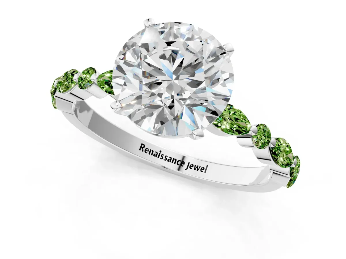 Round Cut Diamond Ring with Marquise and Round Peridot Side Stones and Four-Prong Setting Silver