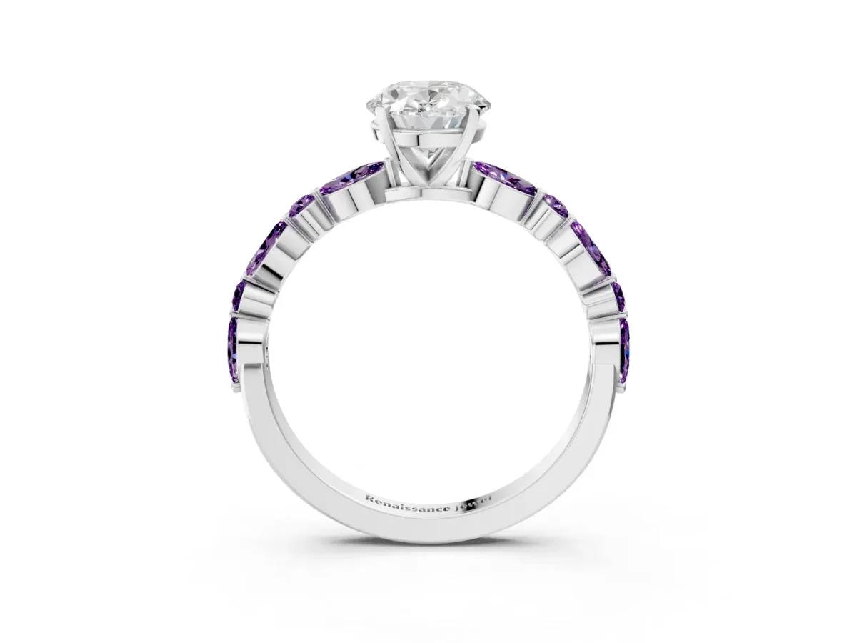 Oval Cut Diamond Ring with Marquise and Round Amethyst Side Stones and Four-Prong Setting Silver