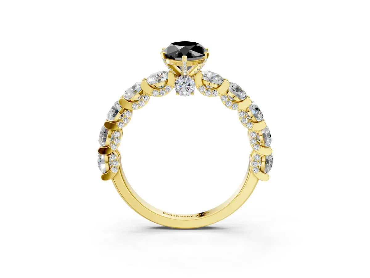 Fancy Black Marquise Cut Diamond Side Stone Engagement Ring with Four-Prong Setting Yellow gold